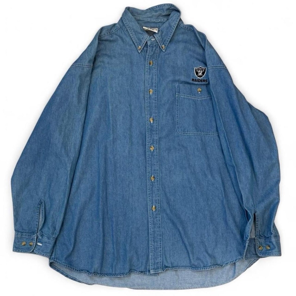 Vintage Oakland Raiders Nutmeg Mills Denim Button Up Shirt Men's Size XL NFL 90s